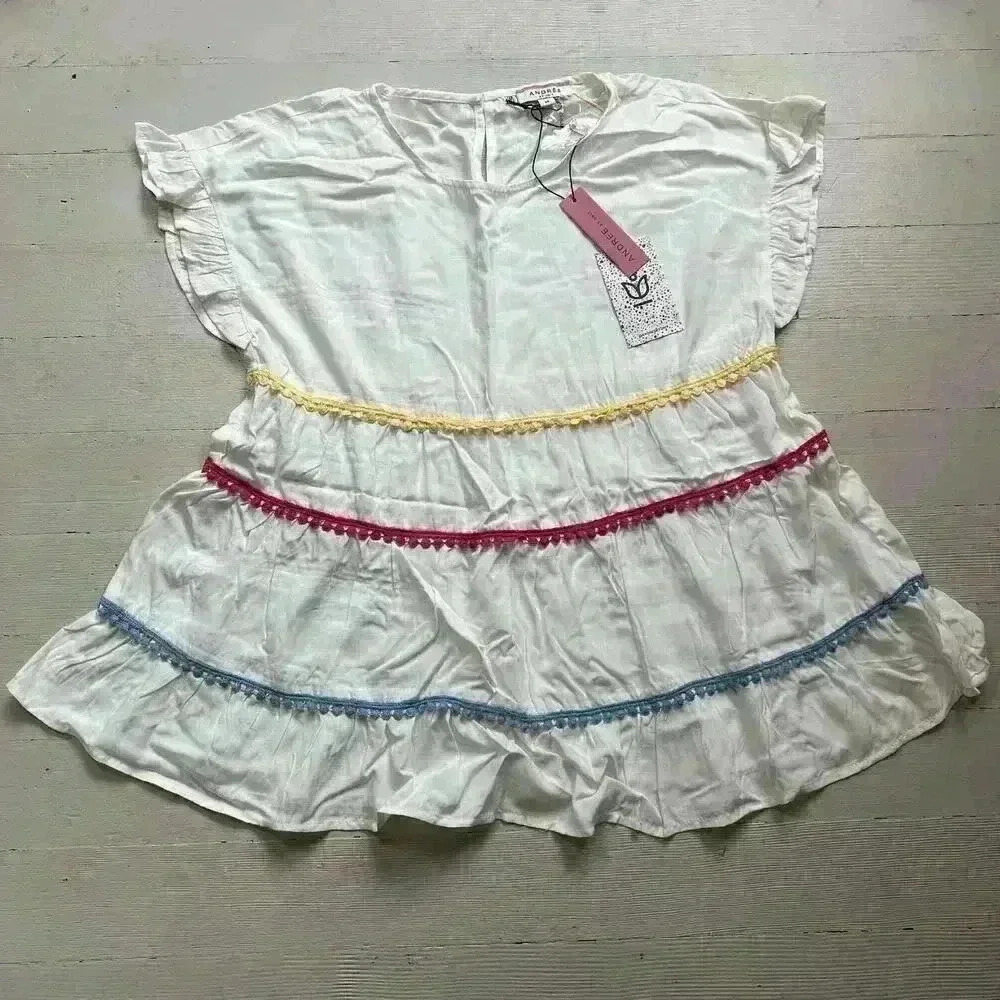 NWT White Andrée By Unit Boho Short Sleeve Shirt‎ With Colorful Details
